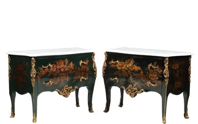 Near Pair of French Chinoiserie Lacquer Commodes