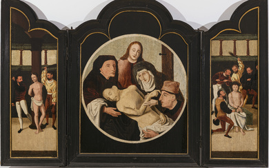 Niederlande 17th century (?) - Folding altar with the Lamentation of Christ (centre picture) and the Flagellation and Crowning with thorns of Christ (side wing)