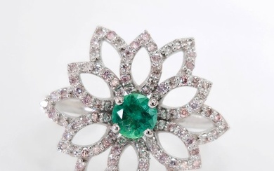 No Reserve Price - 0.40 ct Green Emerald & 0.52 ct N.Fancy Pink Diamond Ring - 2.63 gr - Ring - 14 kt. White gold Emerald
