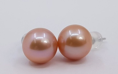 No Reserve Price - 10x11mm Round Pink Edison Pearls - Earrings White gold
