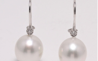 No Reserve Price - 14 kt. White Gold - 10x11mm South Sea Pearls - Earrings - 0.04 ct