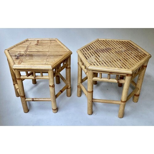 OCCASIONAL TABLES, a pair, hexagonal bamboo and split cane, ...