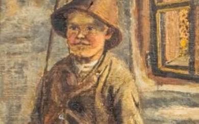 Oil on Board Portrait of a Boy in Fishing Attire