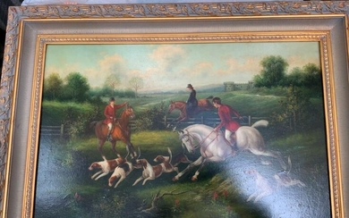 Oil on canvas gilt frame equestrian painting