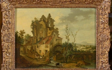 Oil on paper (?) marouflé on panel "Church ruins animated on a river landscape". Anonymous. French school. Period: 18th century. Size: 35,5x47,5cm.