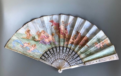 Old mother-of-pearl fan representing a mythological scene with Poseidon / Neptune - Baroque - mother of pearl and paper - Late 19th century