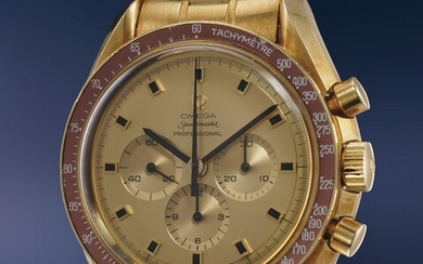 Omega, Ref. BA 145.022 A highly rare, attractive and well-preserved yellow gold limited edition chronograph wristwatch with solid gold "Oval O" dial, burgundy bezel, engraved back and bracelet, number 298 of a 1014 pieces limited edition
