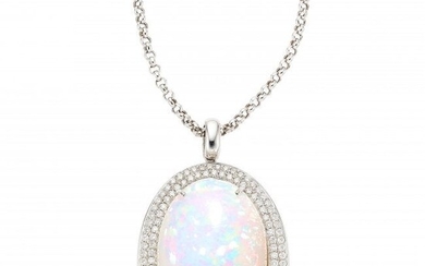 Opal, Diamond, White Gold Pendant-Necklace Ston