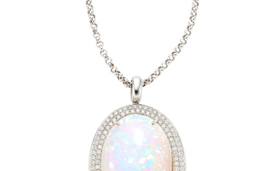 Opal, Diamond, White Gold Pendant-Necklace Stones: Opal cabochon weighing...