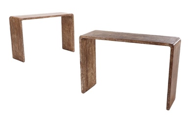 PAIR CERUSED OAK CONSOLE TABLES WITH ROUNDED ENDS.