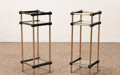 PAIR EBONIZED WOOD AND BRASS PLANT STANDS C 1970
