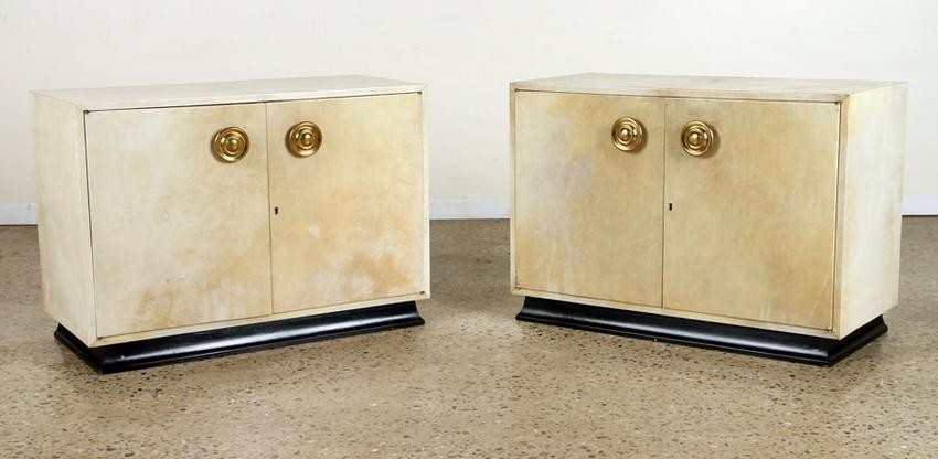 PAIR MID CENTURY MODER PARCHMENT COVERED CABINETS