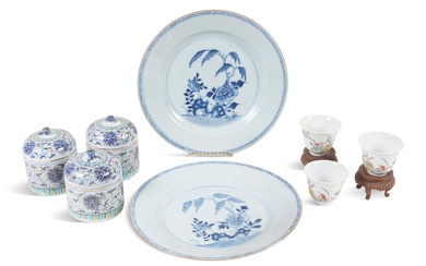PAIR OF CHINESE EXPORT UNDERGLAZE BLUE AND WHITE PLATES TOGETHER WITH THREE DOUCAI SMALL CANNISTERS AND THREE FAMILLE ROSE WINE CUPS, DAOGUANG IRON-RED SIX-CHARACTER MARKS, 18TH CENTURY AND LATER