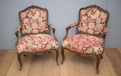 PAIR OF EARLY 19TH CENTURY LOUIS XV FAUTEUILS, C.1840'S (A/F - BREAK TO BACK OF ONE CHAIR) (H93 X W68 X D70 CM) (LEONARD JOEL DELIV..
