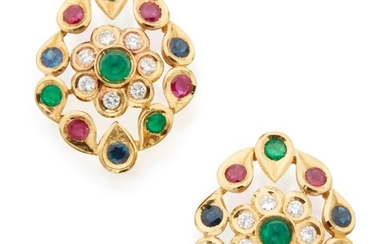 PAIR OF RUBY, EMERALD, SAPPHIRE AND DIAMOND EARCLIPS, CARTIER, PARIS