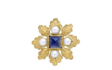 PAOLO PENCO Floral-inspired brooch in yellow gold, pearls and dark blue Iolite