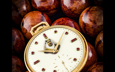 PATEK PHILIPPE. A VERY RARE 18K PINK GOLD POCKET WATCH WITH RUBY-SET ENAMEL DIAL WITH PAINTED PORTRAIT OF KING OF SAUDI ARABIA REF. 600/1, MANUFACTURED IN 1954