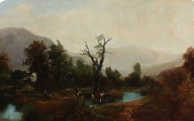 Painter unknown, 19th century: Landscape with shepherds and grazing cattle at a watering hole. Betegnet I. C. Frisch. Oil on canvas. 76×128 cm.