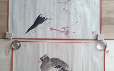 Paintings (2) - Washi - Bird - Hirafuku Hyakusui 平福百穂 (1877-1933) - Pigeon and waterbird - Japan - ca 1920s (Taisho/Showa)