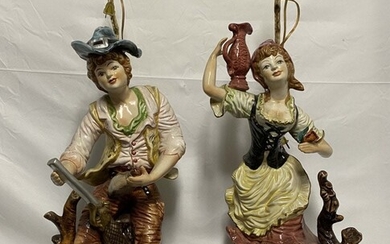 Pair Ceramic Sited Figurine Lamps