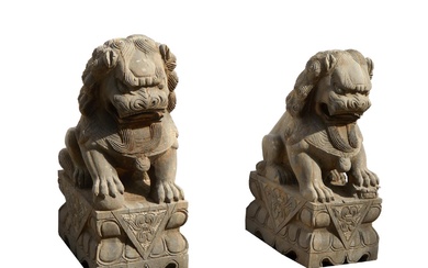 Pair Chinese Carved Stone Foo Lions