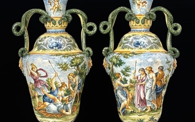 Pair Large Antique Italian Majolica Urns