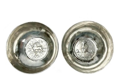 Pair Middle Eastern Silver Coin Bowls Hand Chased Floral Decoration