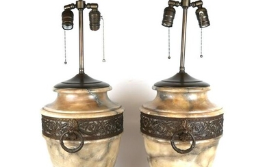 Pair Patinated Metal, Marble & Mahogany Lamps