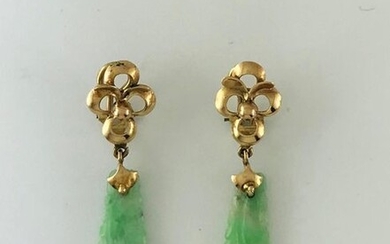 Pair of 585°/°° gold flower earrings holding a chiselled plate of jade jadeite in pendants, Gross weight: 6,53g
