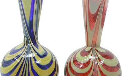 Pair of Artist Signed Hand Blown Art Glass Red and Blue Swirl Vases 8.25 in. and 8 in. heights