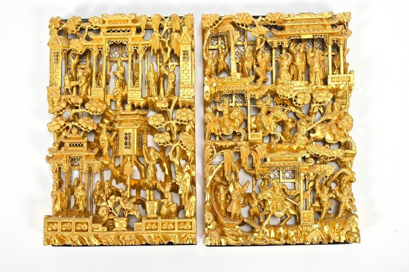Pair of Carved Wood Chinese Relief Wall Hangings, Gold