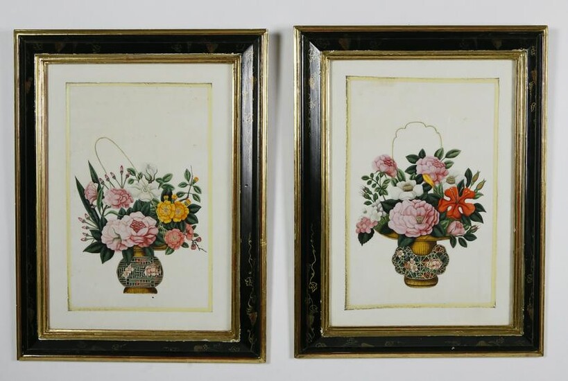 Pair of China Trade Floral Watercolors on Pith Paper