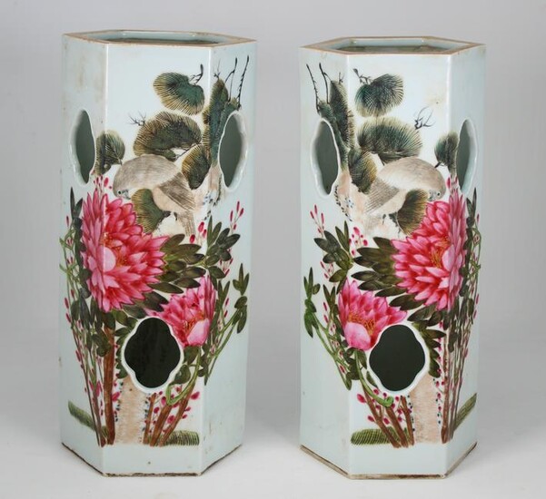 Pair of Chinese Painted Hexagon Porcelain Vases