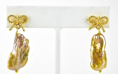 Pair of Cultured Baroque Pearl Bow Motif Earrings