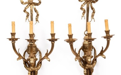 Pair of French Bronze Three Light Sconces