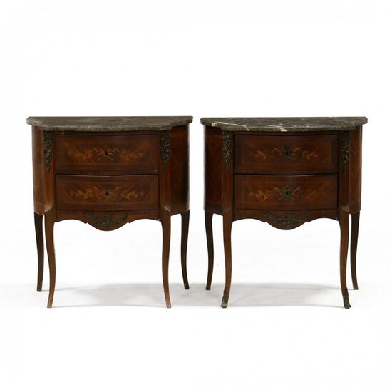 Pair of French Marquetry Inlaid Marble Top Stands