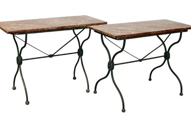 Pair of French wrought iron café tables with marble tops