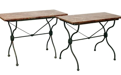 Pair of French wrought iron café tables with marble tops