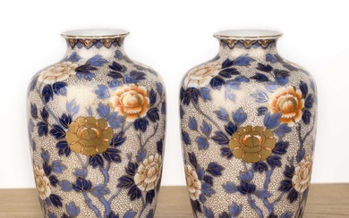 Pair of Fukagawa vases Japanese with painted peonies on an...