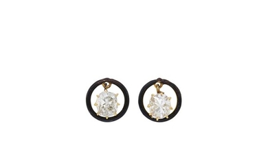 Pair of Gold, Diamond and Black Enamel Earrings
