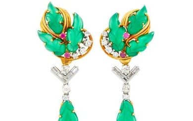 Pair of Gold, Platinum, Carved Green Onyx, Diamond and