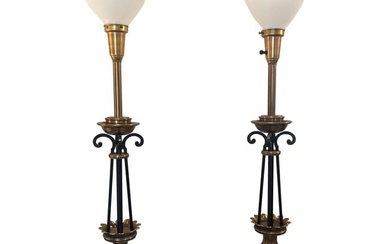 Pair of Hollywood Regency Stiffel Co. Brass and Ebonized Column Form Table Lamp