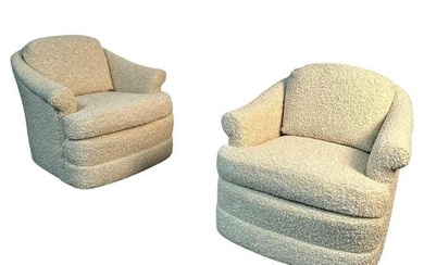 Pair of Mid-Century Modern Scroll Arm Traditional Lounge / Swivel Chairs, bouclé