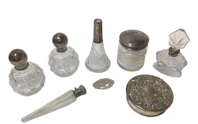 Pair of Victorian silver mounted cut glass "globe" scent bottles (Birmingham 1886) and other items