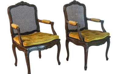 Pair of Walnut Caned Arm Chairs / Fauteuils