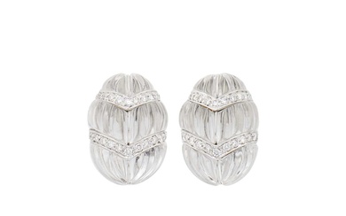 Pair of White Gold, Carved Rock Crystal and Diamond Earclips