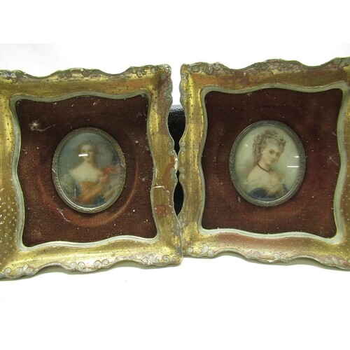 Pair of late C19th hand painted oval portraits in velvet and...