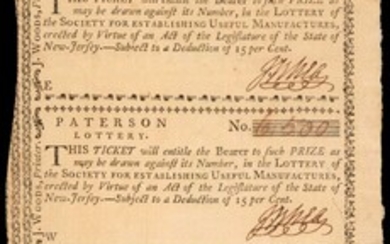 Partial Uncut Sheet of (6) Tickets. Paterson, New Jersey. Paterson Lottery of the Society for Establishing Useful Manufactures. Ca. 1797...