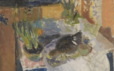 Patrick Heron, British 1920-1999 - STILL LIFE WITH HYACINTHS, PLAICE AND LEMON : 1946, 1946; oil on canvas, signed and dated upper left 'Patrick Heron 46', 53 x 62.5 cm (ARR) Provenance: with the Redfern Gallery, London; Howard Bliss, purchased...