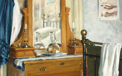 Paul Fischer: A bedroom interior. Signed and dated Paul Fischer 1916. Oil on canvas. 45×35 cm.